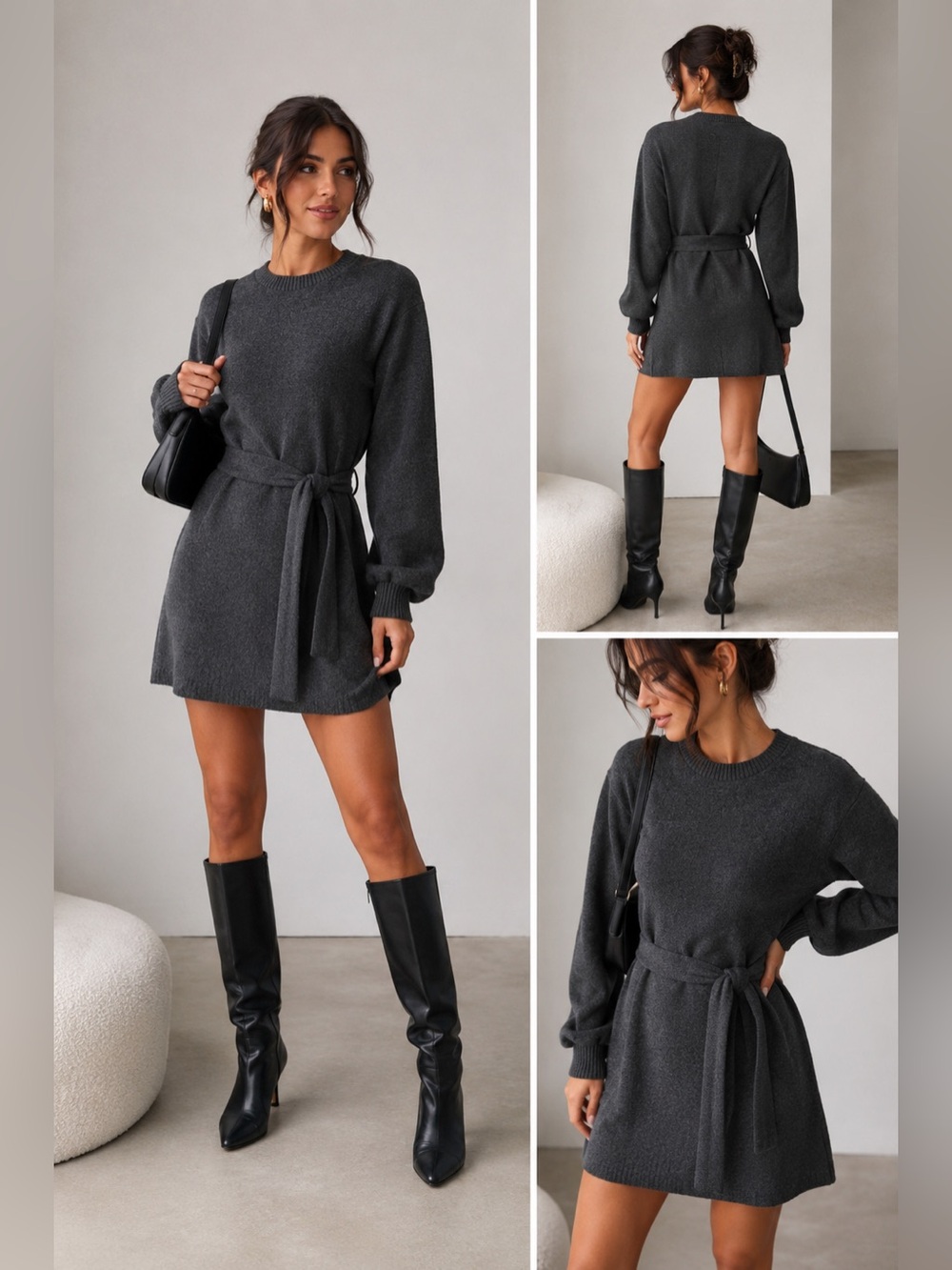Zara Charcoal Gray Knit Belted  Sweater Long Sleeve Knit Mini Dress Size M